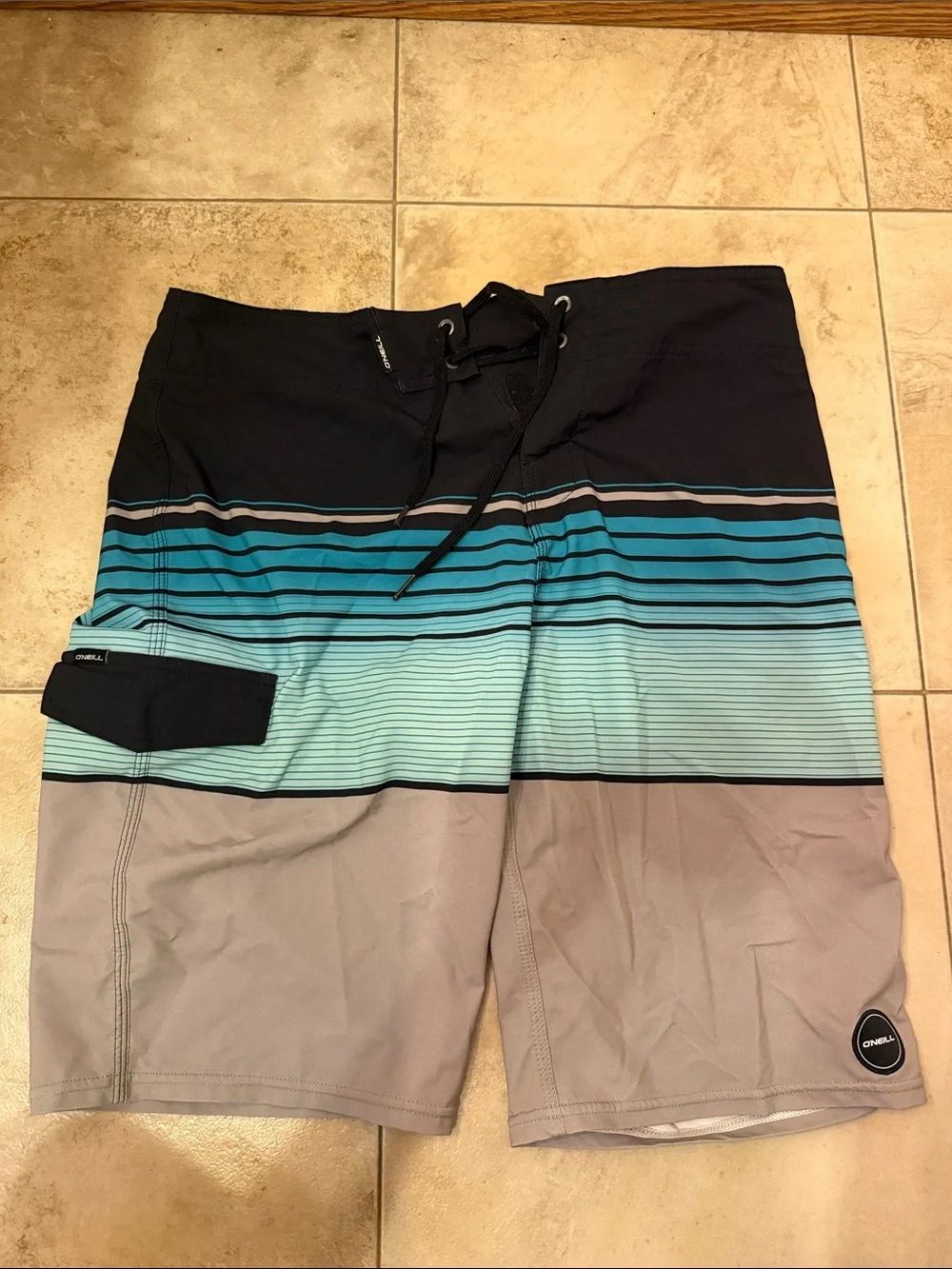 O'Neill Men’s Black, Teal & Gray Striped Board Shorts